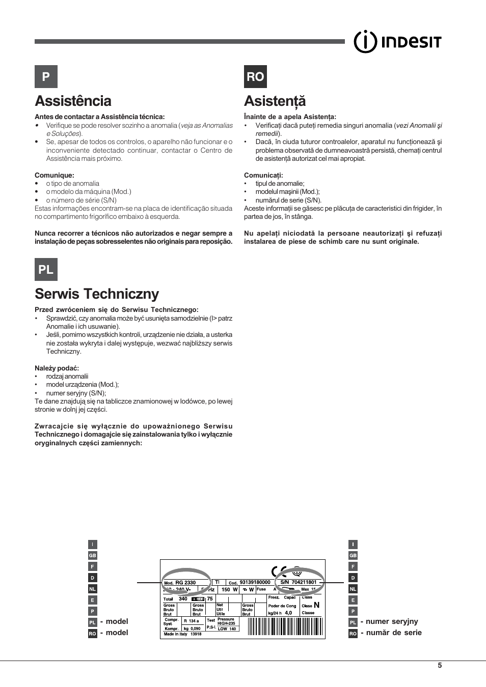 Assistência | Indesit PBAA 33 F D User Manual | Page 5 / 52