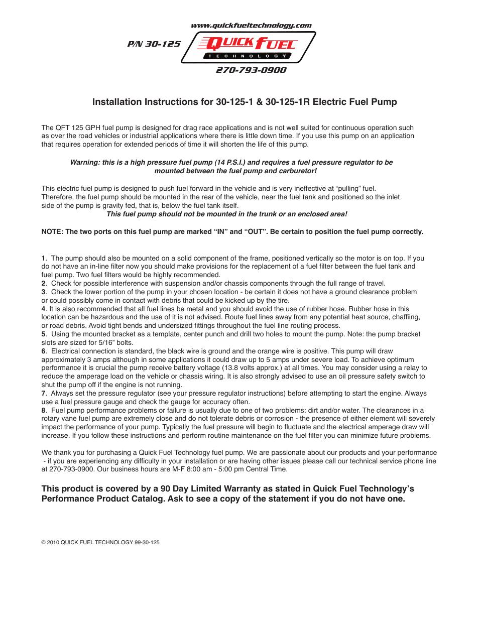 Quick Fuel Technology 30-125-1 / 30-125-1R Electric Fuel Pump User Manual | 1 page