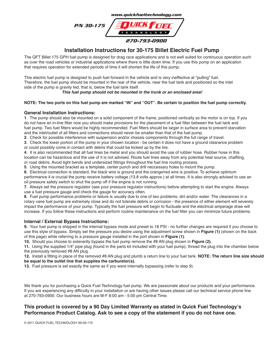 Quick Fuel Technology 30-175F Billet Electric Fuel Pump User Manual | 1 page