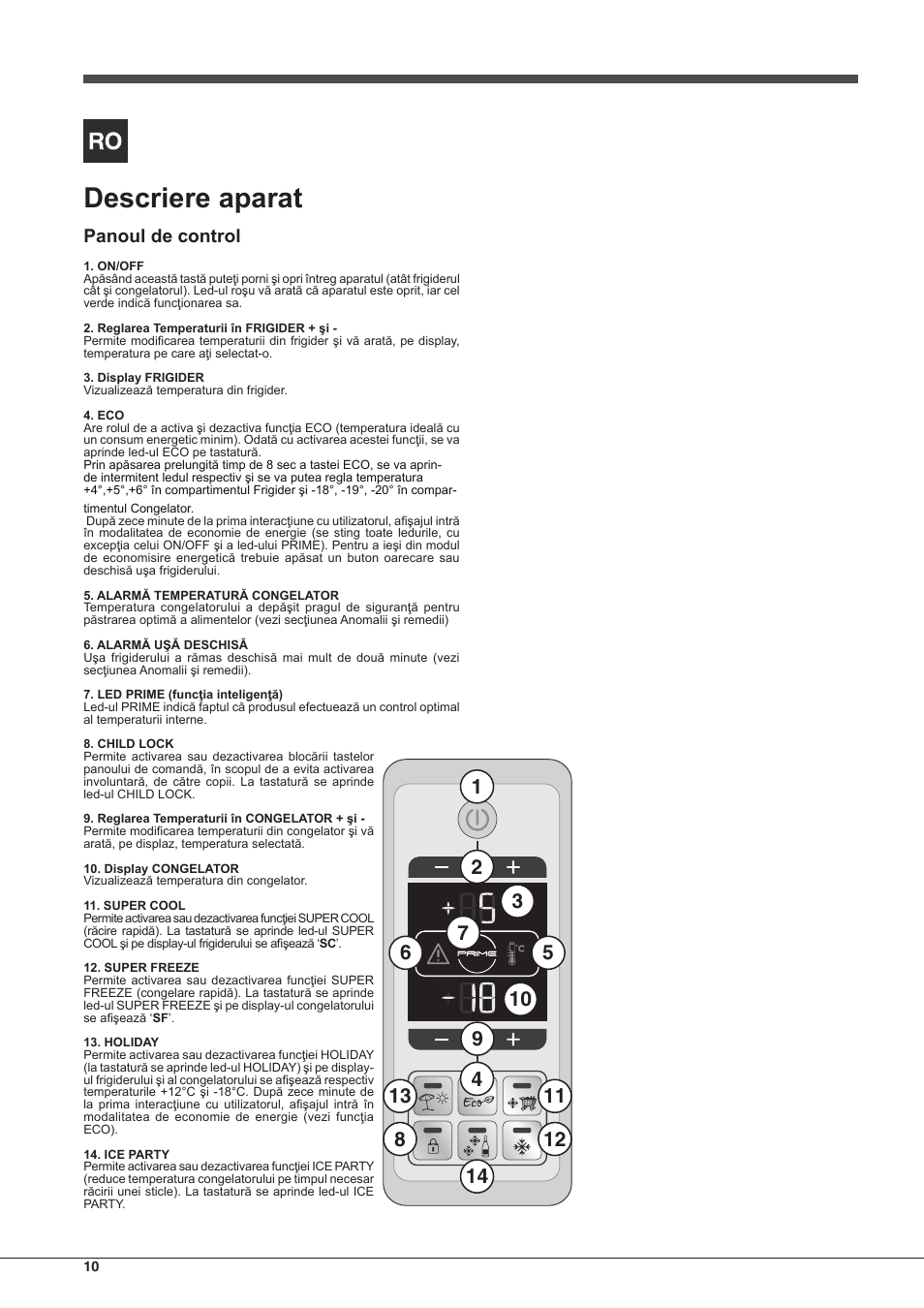 Descriere aparat, Panoul de control | Indesit PBAA 33 F X D User Manual | Page 10 / 52