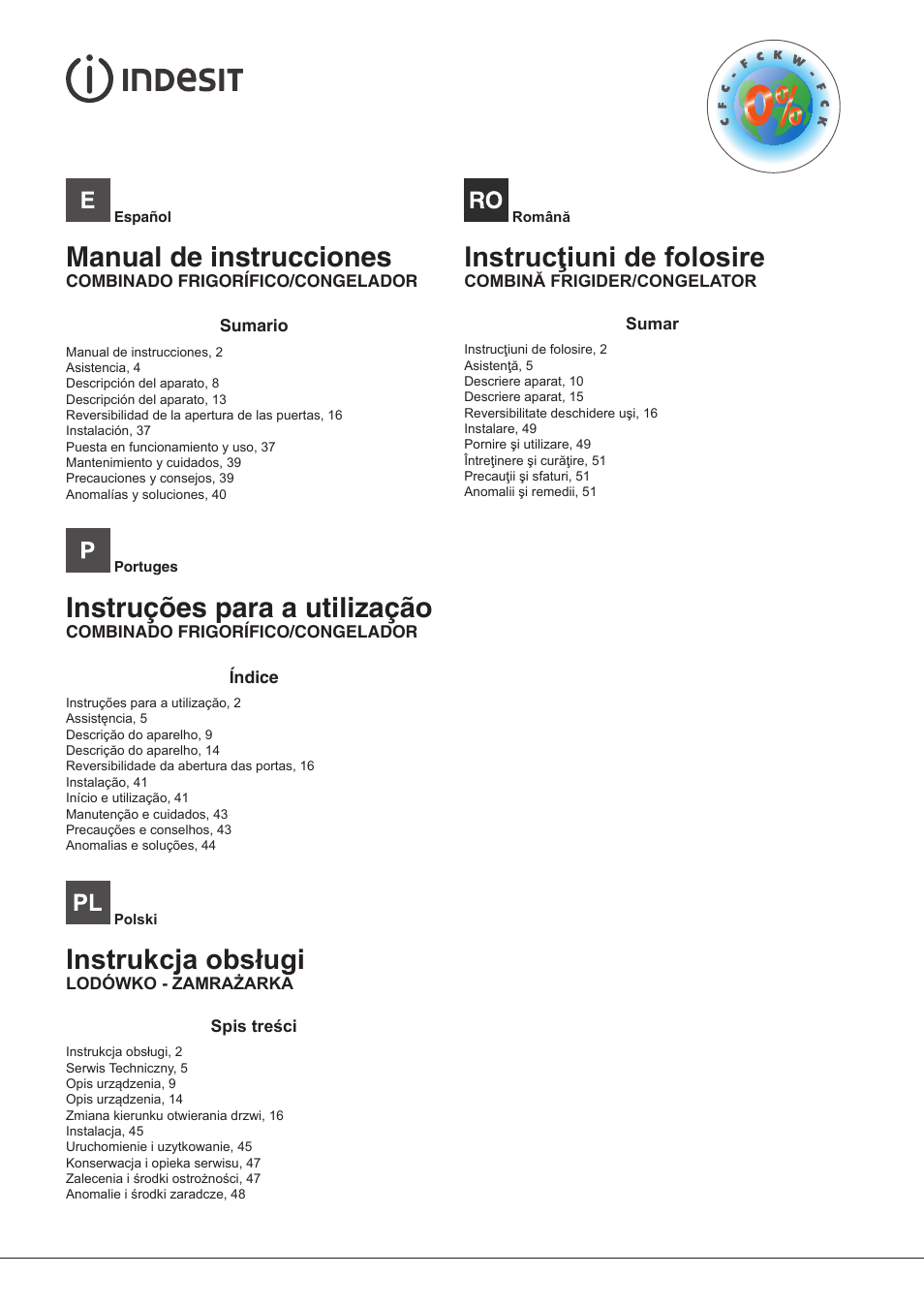 Manual de instrucciones, Instruções para a utilização, Instrukcja obsługi | Instrucţiuni de folosire | Indesit PBAA 33 F X D User Manual | Page 2 / 52