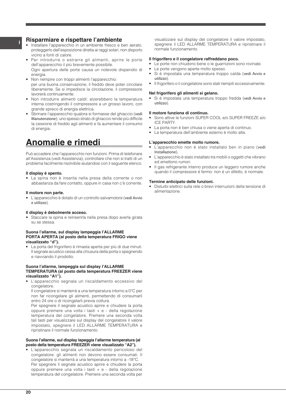 Anomalie e rimedi, Risparmiare e rispettare l’ambiente | Indesit PBAA 33 F X D User Manual | Page 20 / 52