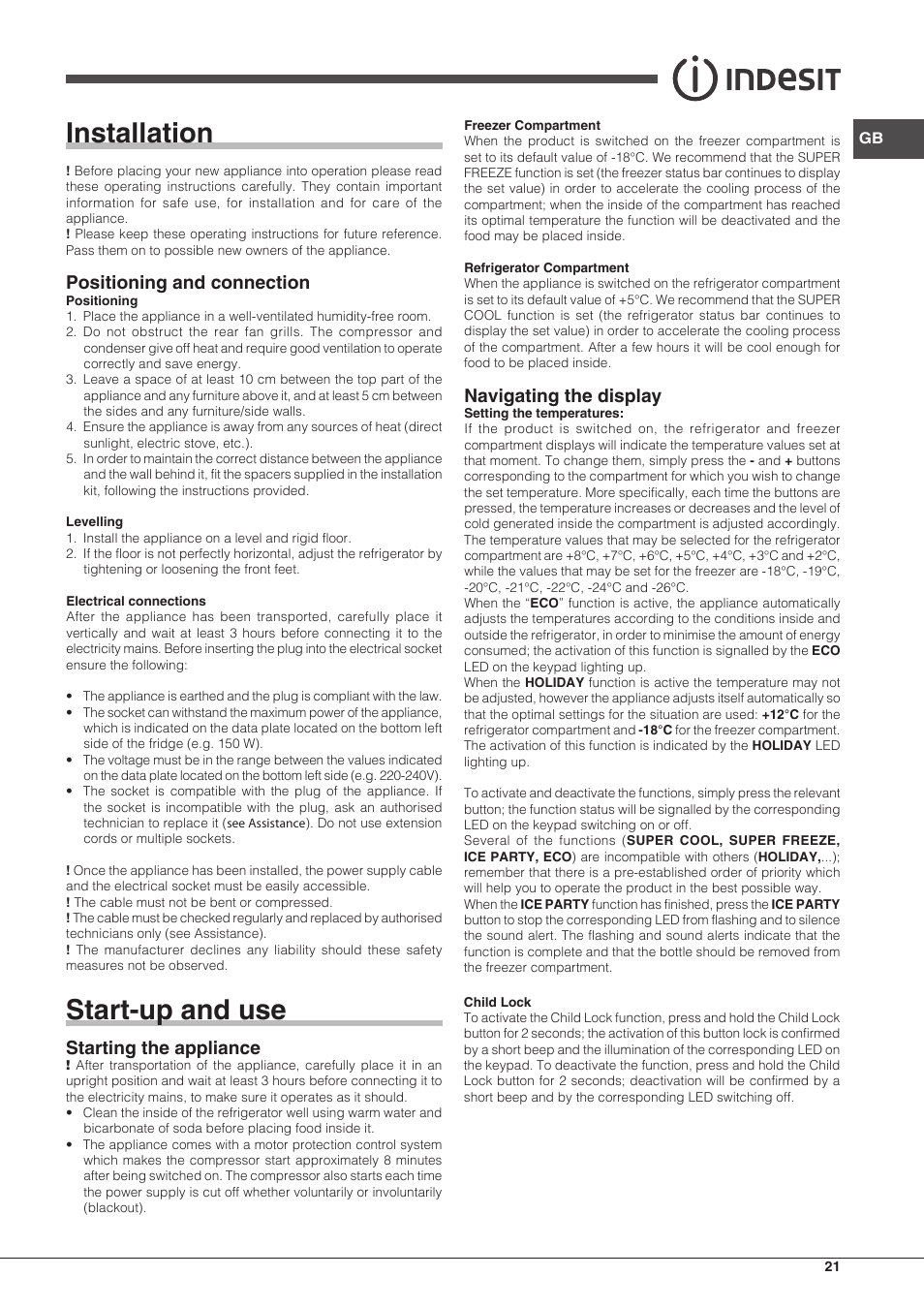 Installation, Start-up and use, Positioning and connection | Starting the appliance, Navigating the display | Indesit PBAA 33 F X D User Manual | Page 21 / 52