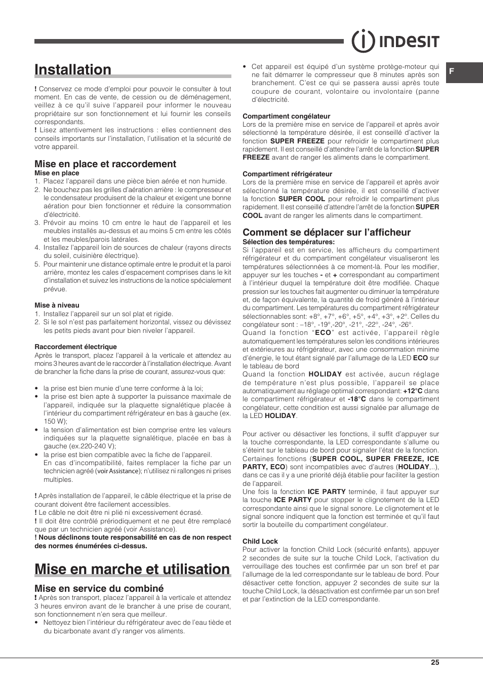 Installation, Mise en marche et utilisation, Mise en place et raccordement | Mise en service du combiné, Comment se déplacer sur l’afficheur | Indesit PBAA 33 F X D User Manual | Page 25 / 52