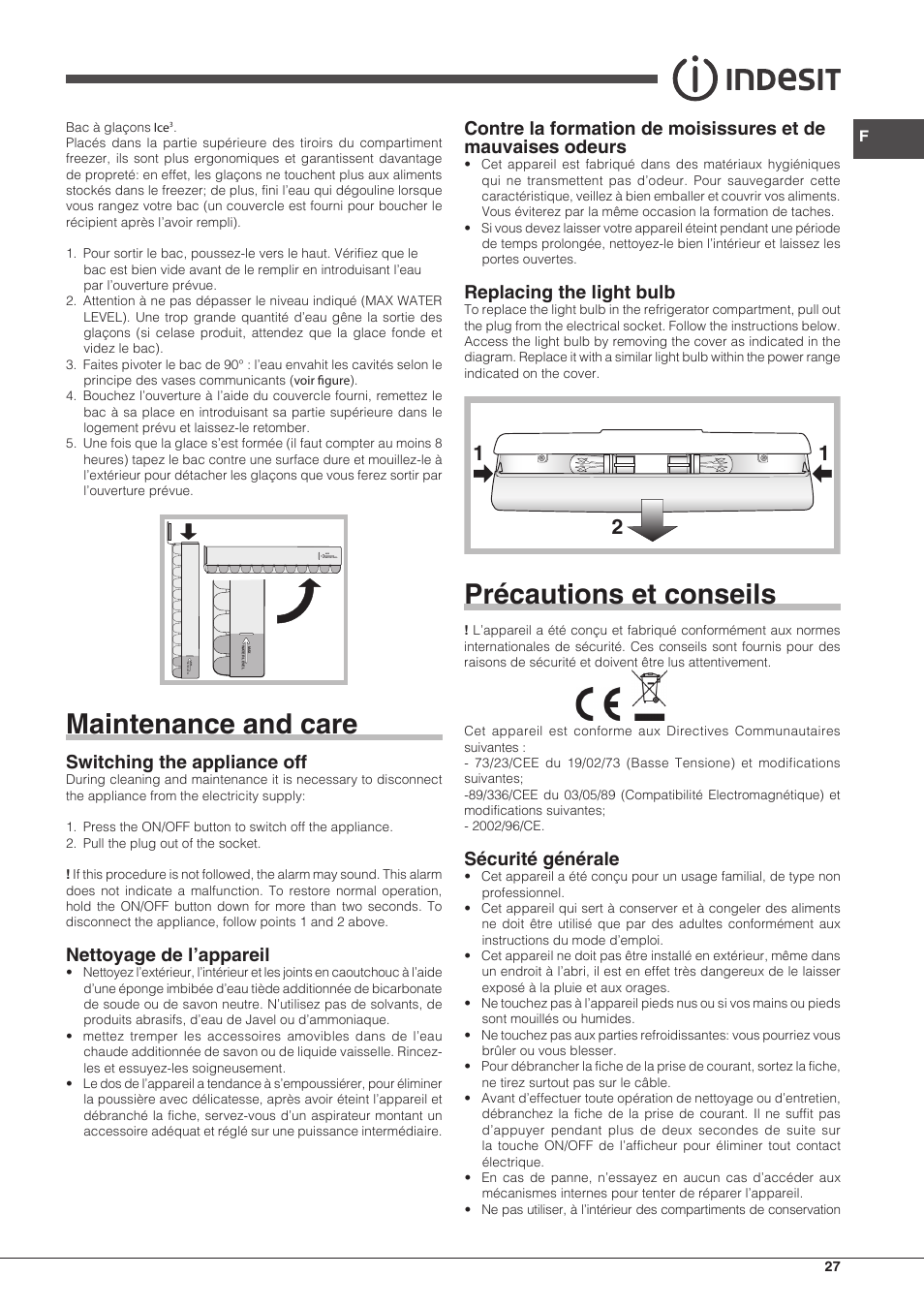 Maintenance and care, Précautions et conseils, Switching the appliance off | Nettoyage de l’appareil, Replacing the light bulb, Sécurité générale | Indesit PBAA 33 F X D User Manual | Page 27 / 52