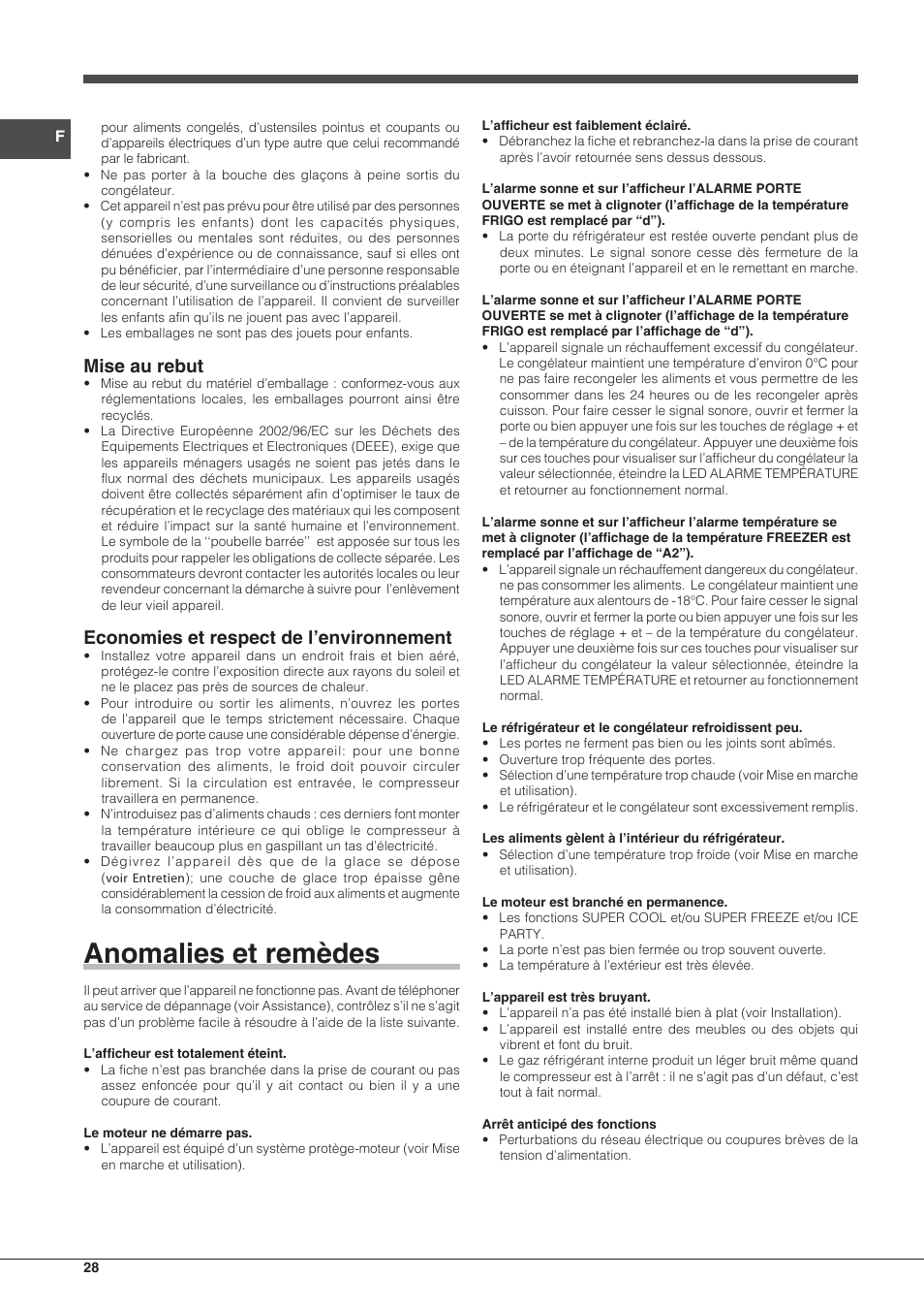 Anomalies et remèdes, Mise au rebut, Economies et respect de l’environnement | Indesit PBAA 33 F X D User Manual | Page 28 / 52