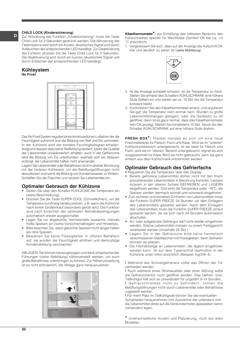 Kühlsystem, Optimaler gebrauch der kühlzone, Optimaler gebrauch des gefrierfachs | Indesit PBAA 33 F X D User Manual | Page 30 / 52