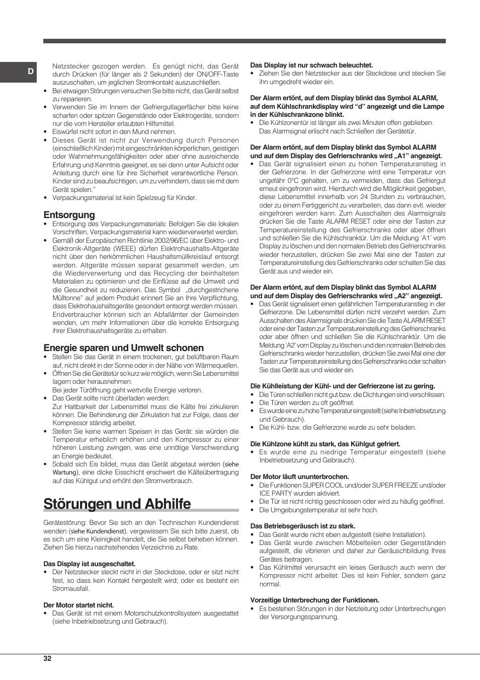 Störungen und abhilfe, Entsorgung, Energie sparen und umwelt schonen | Indesit PBAA 33 F X D User Manual | Page 32 / 52