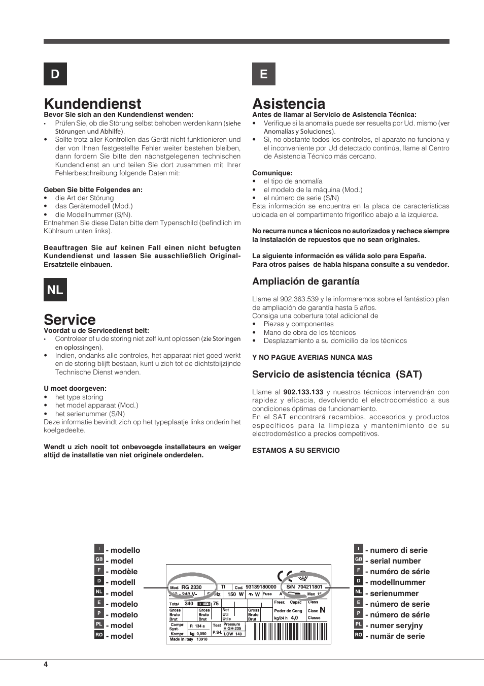 Kundendienst, Service, Asistencia | Ampliación de garantía, Servicio de asistencia técnica (sat) | Indesit PBAA 33 F X D User Manual | Page 4 / 52