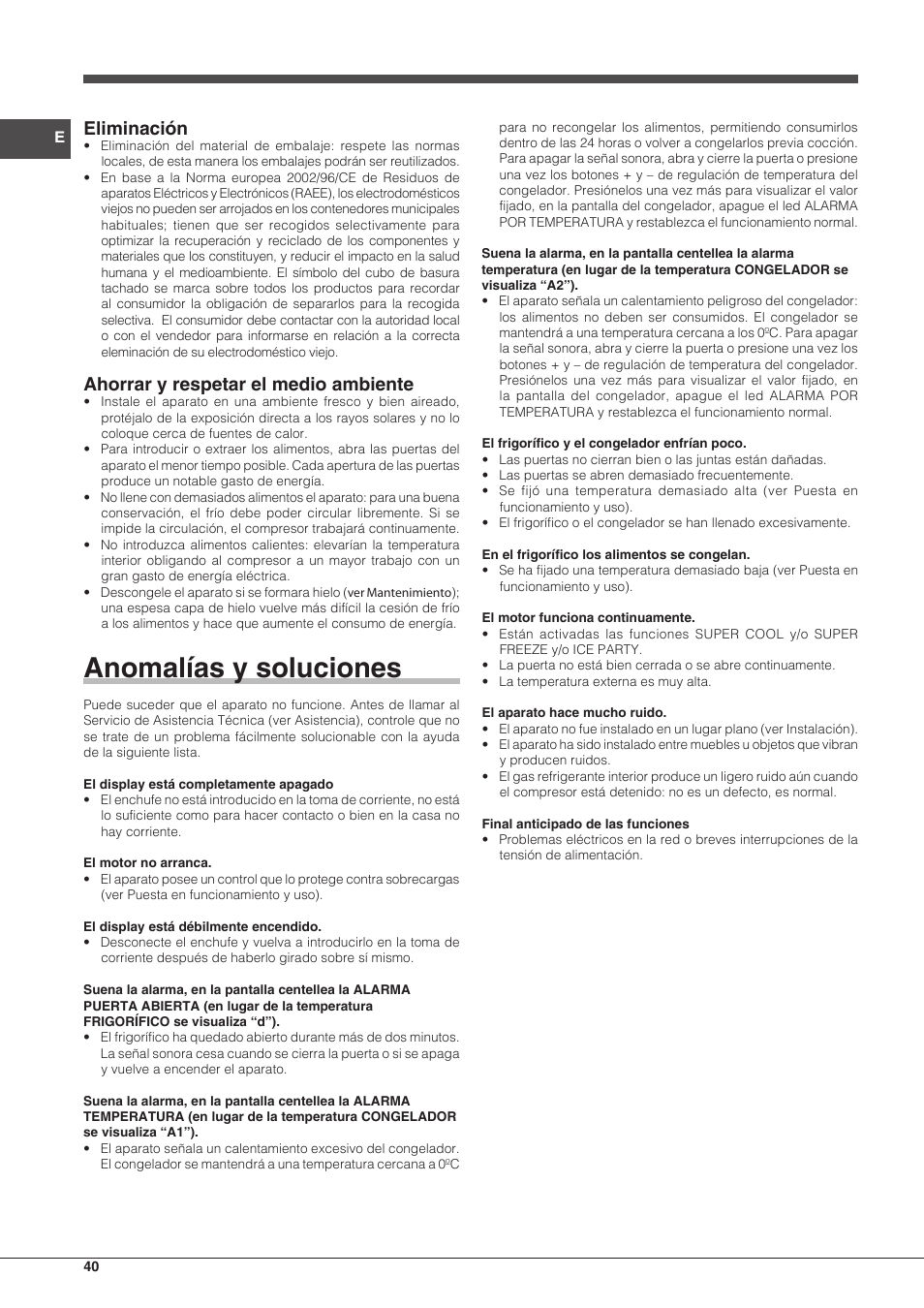 Anomalías y soluciones, Eliminación, Ahorrar y respetar el medio ambiente | Indesit PBAA 33 F X D User Manual | Page 40 / 52