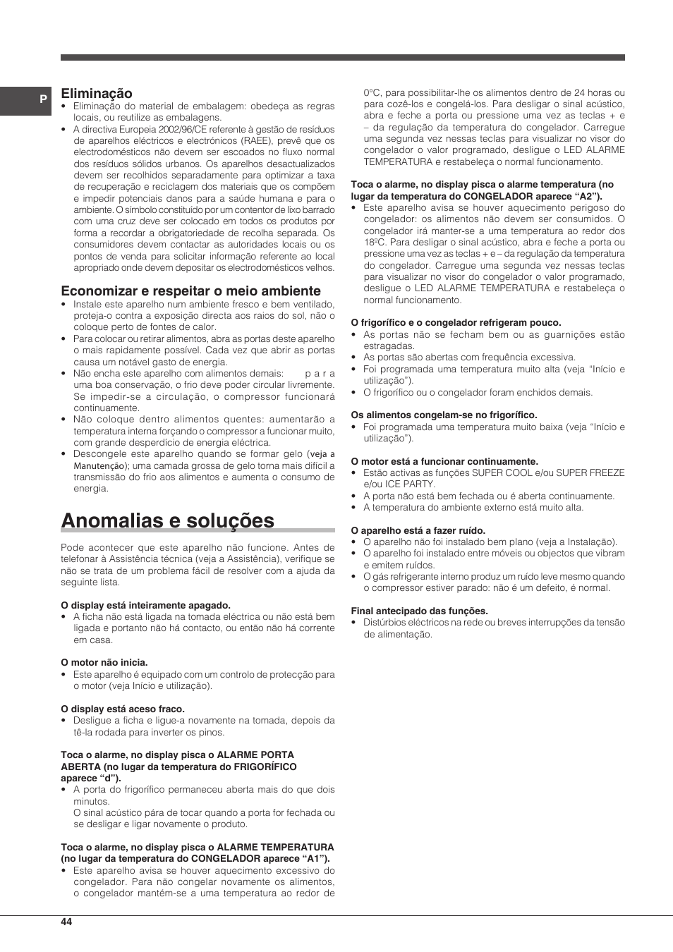 Anomalias e soluções, Eliminação, Economizar e respeitar o meio ambiente | Indesit PBAA 33 F X D User Manual | Page 44 / 52