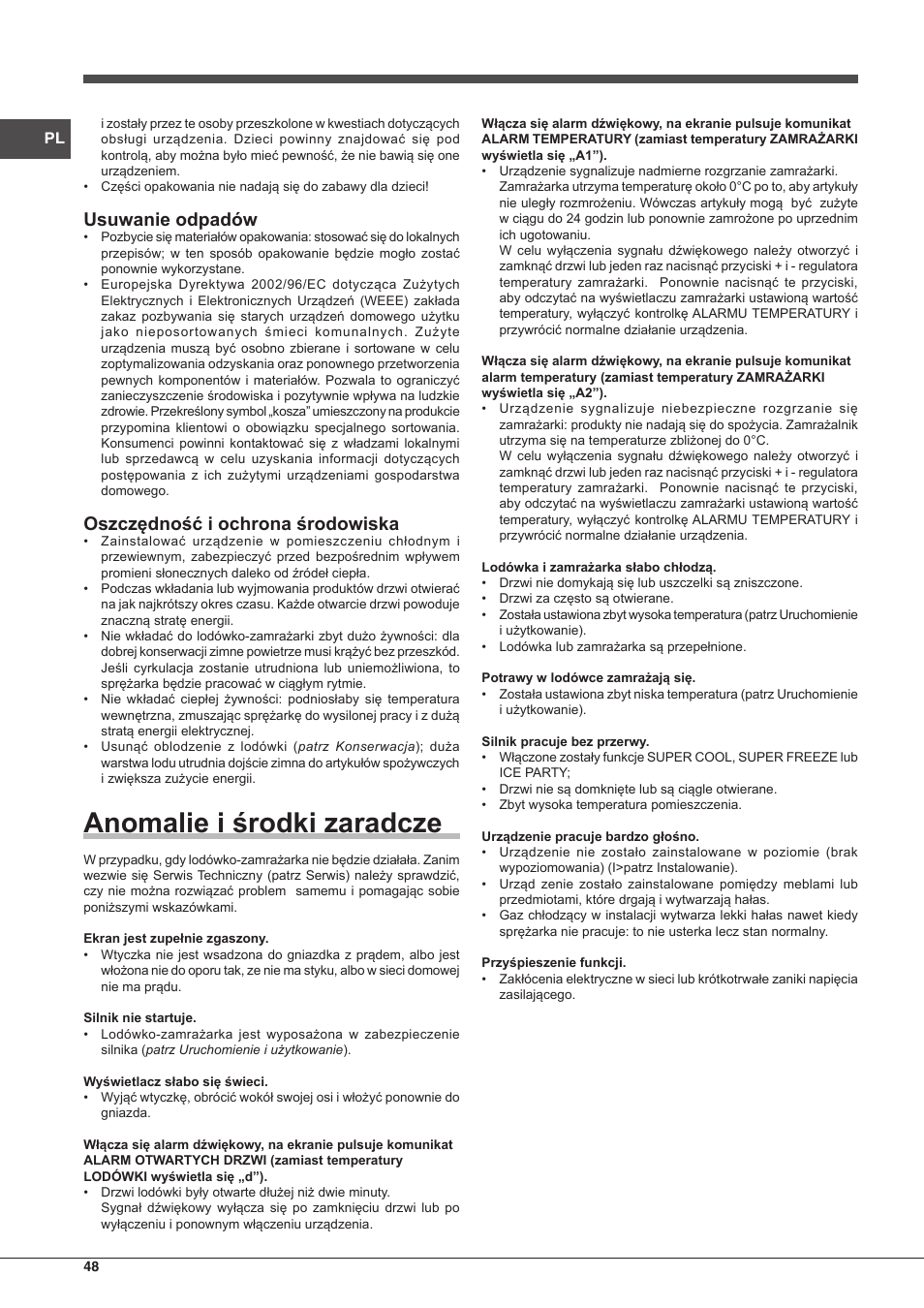 Anomalie i środki zaradcze, Usuwanie odpadów, Oszczędność i ochrona środowiska | Indesit PBAA 33 F X D User Manual | Page 48 / 52