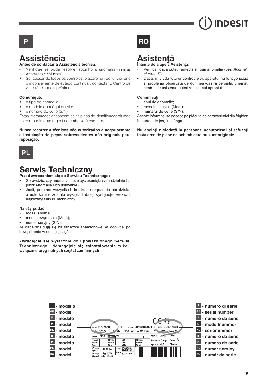 Assistência, Serwis techniczny, Asistenţă | Indesit PBAA 33 F X D User Manual | Page 5 / 52