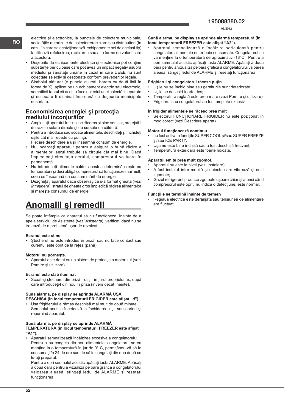 Anomalii şi remedii | Indesit PBAA 33 F X D User Manual | Page 52 / 52