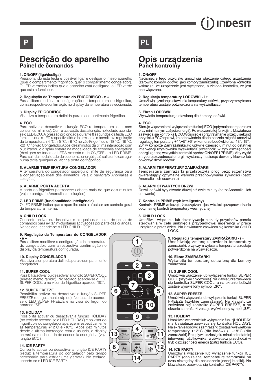 Descrição do aparelho, Opis urządzenia, Painel de comandos | Panel kontrolny | Indesit PBAA 33 F X D User Manual | Page 9 / 52