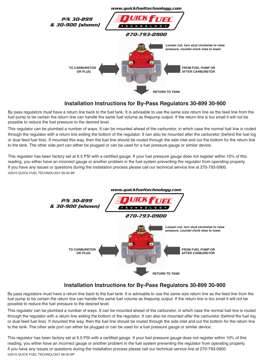 Quick Fuel Technology 30-900 By-Pass Regulator User Manual | 1 page