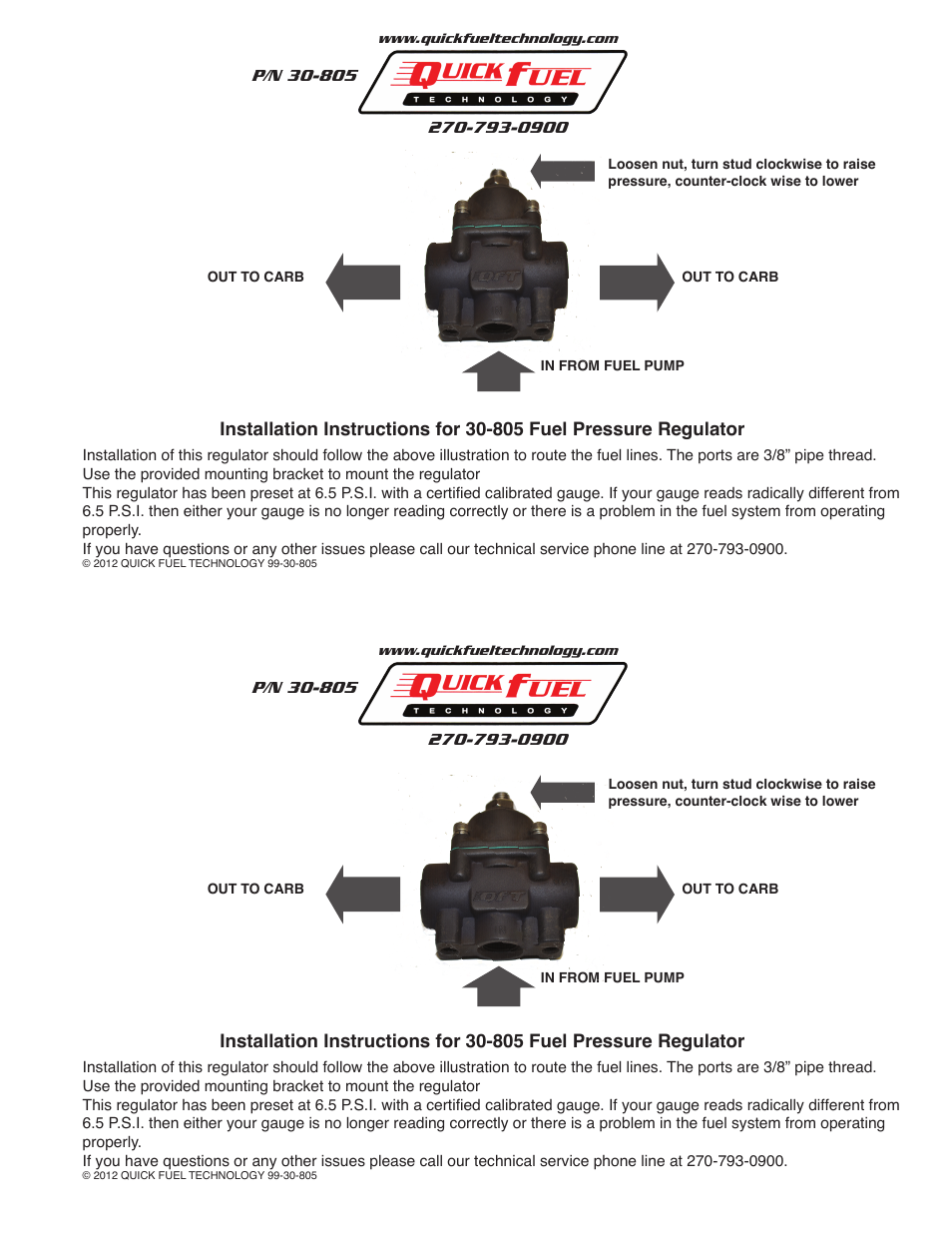 Quick Fuel Technology 30-805 Fuel Pressure Regulator User Manual | 1 page