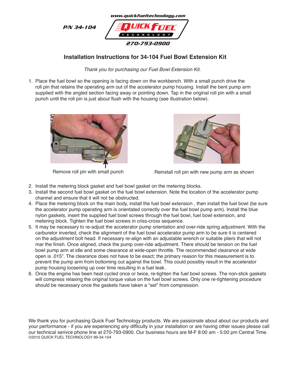 Quick Fuel Technology 34-104 Fuel Bowl Extension Kit User Manual | 1 page