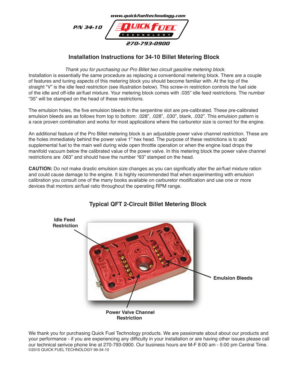 Quick Fuel Technology 34-10 Billet Metering Block User Manual | 1 page