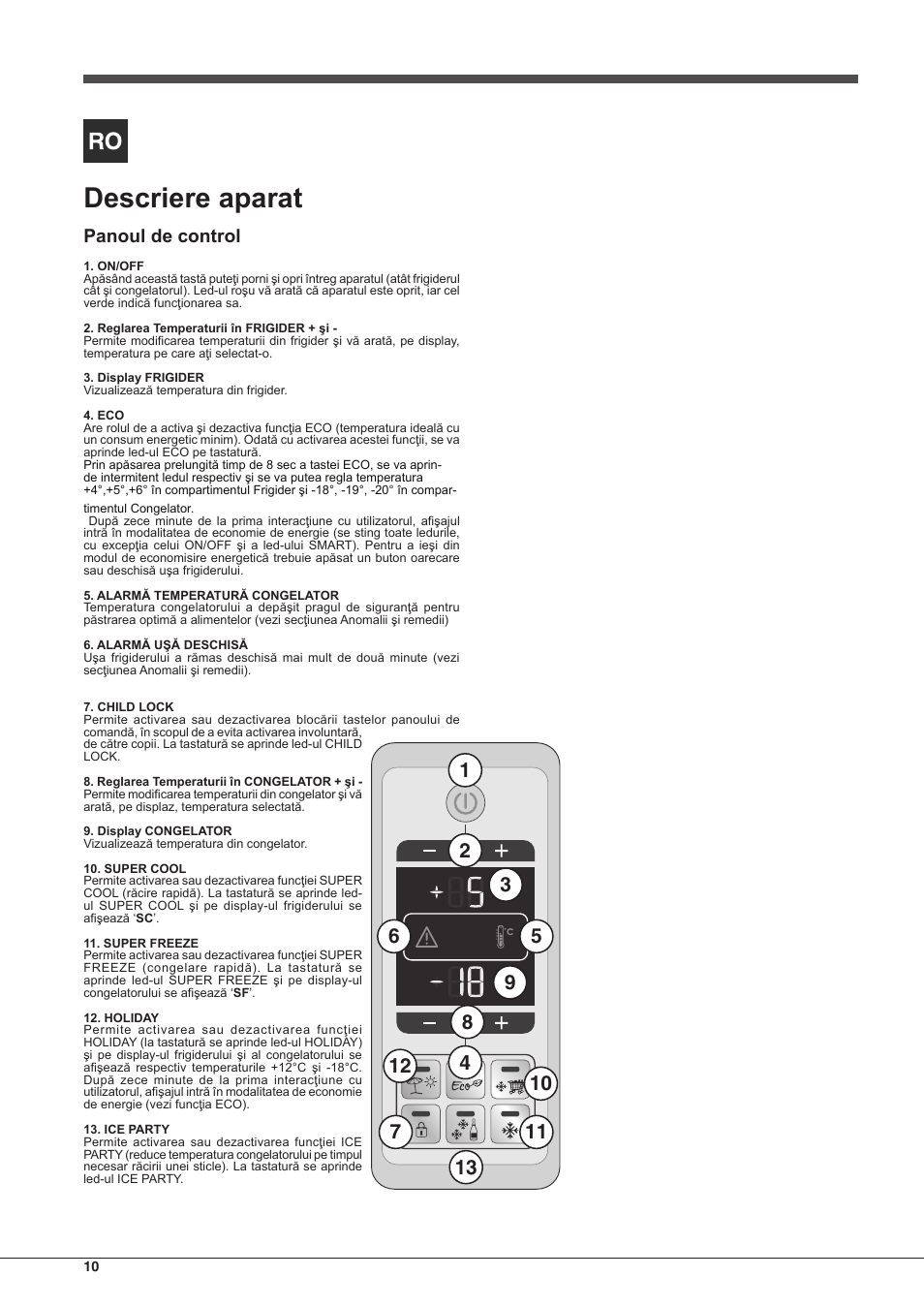 Descriere aparat, Panoul de control | Indesit BIAA 33 F X H D User Manual | Page 10 / 52