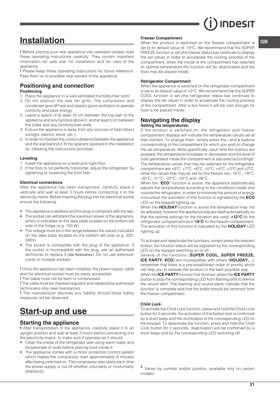 Installation, Start-up and use, Positioning and connection | Starting the appliance, Navigating the display | Indesit BIAA 33 F X H D User Manual | Page 21 / 52