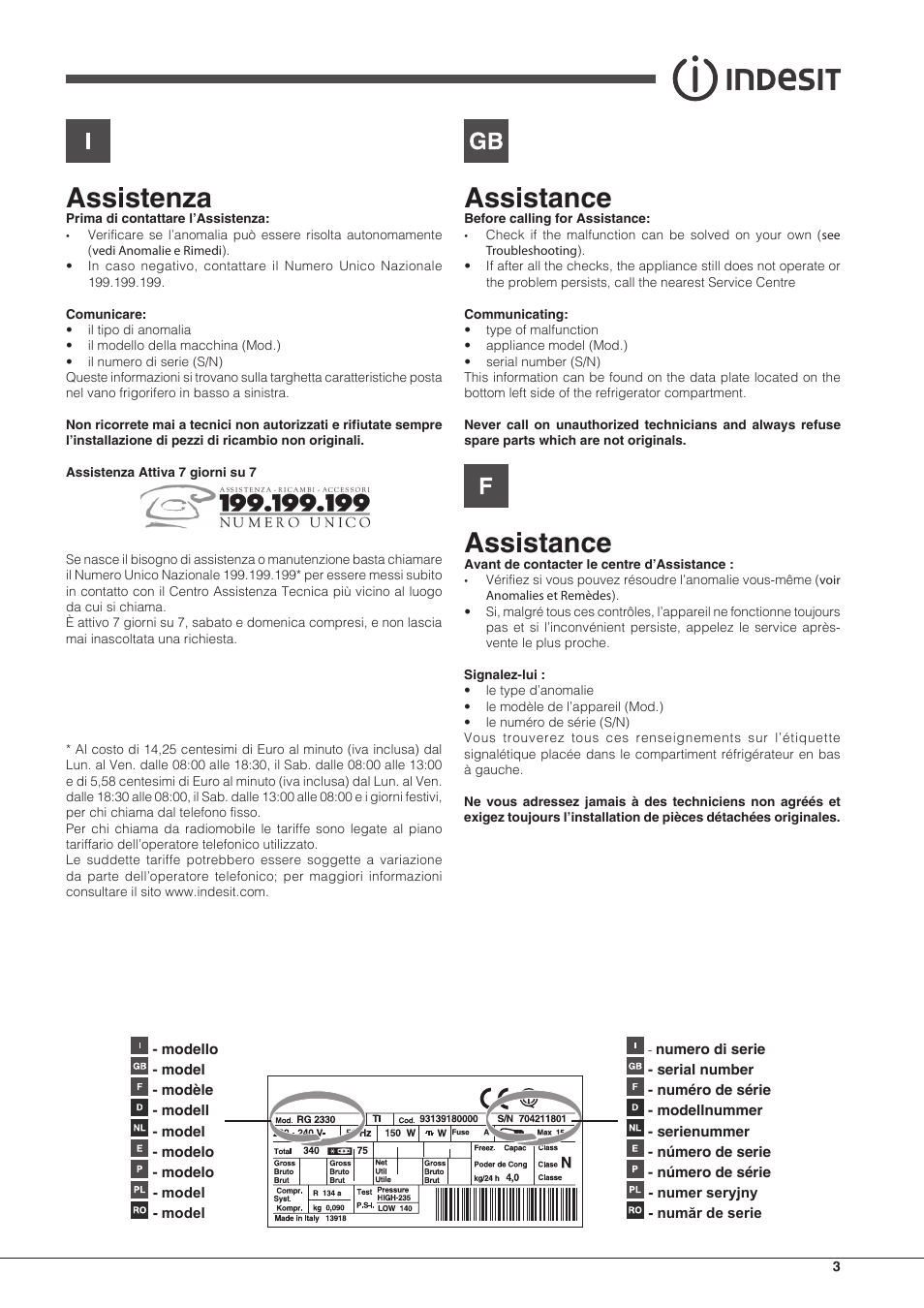 Assistenza, Assistance | Indesit BIAA 33 F X H D User Manual | Page 3 / 52