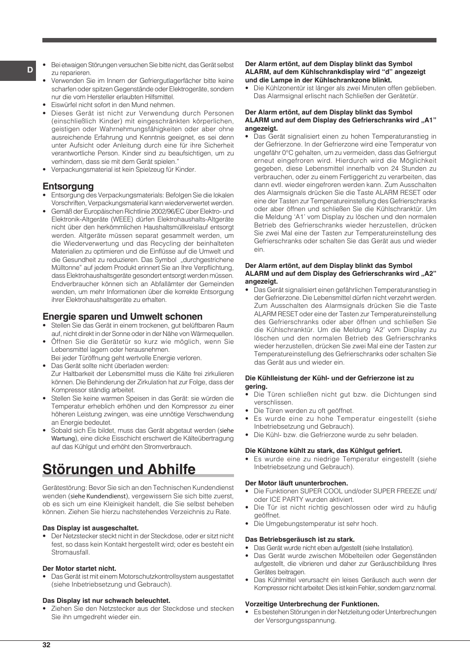 Störungen und abhilfe, Entsorgung, Energie sparen und umwelt schonen | Indesit BIAA 33 F X H D User Manual | Page 32 / 52