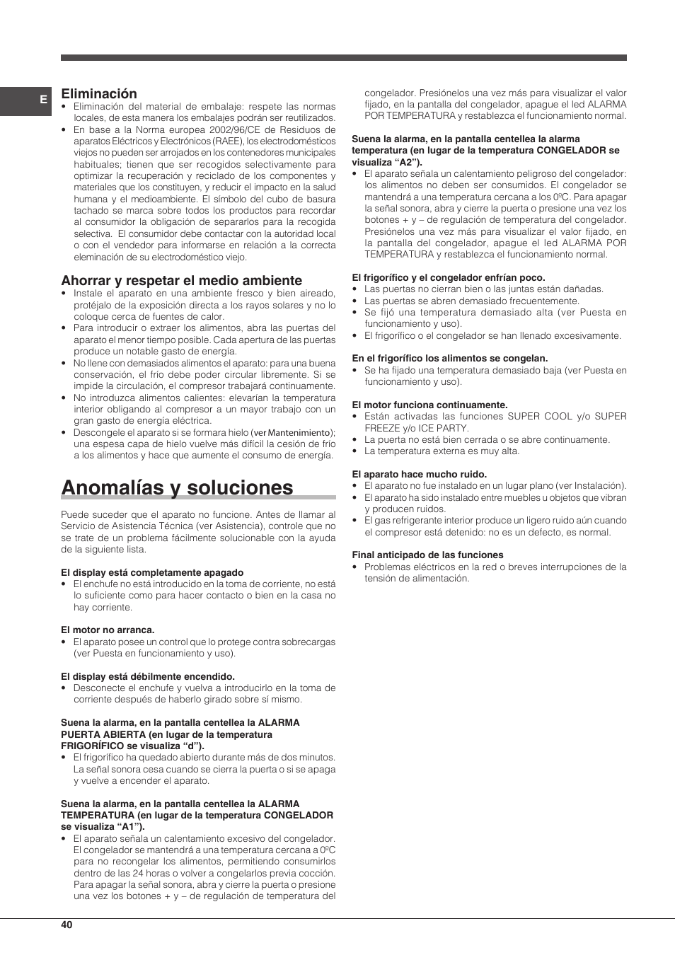 Anomalías y soluciones, Eliminación, Ahorrar y respetar el medio ambiente | Indesit BIAA 33 F X H D User Manual | Page 40 / 52