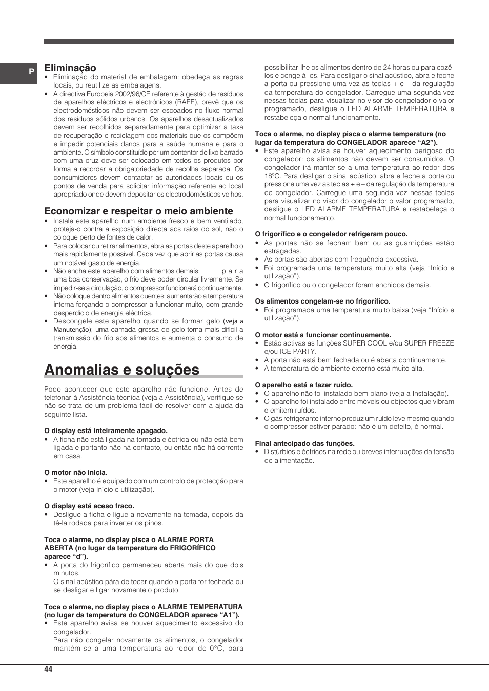 Anomalias e soluções, Eliminação, Economizar e respeitar o meio ambiente | Indesit BIAA 33 F X H D User Manual | Page 44 / 52