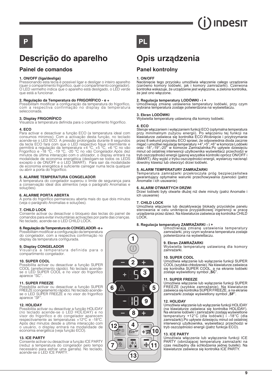 Descrição do aparelho, Opis urządzenia, Painel de comandos | Panel kontrolny | Indesit BIAA 33 F X H D User Manual | Page 9 / 52