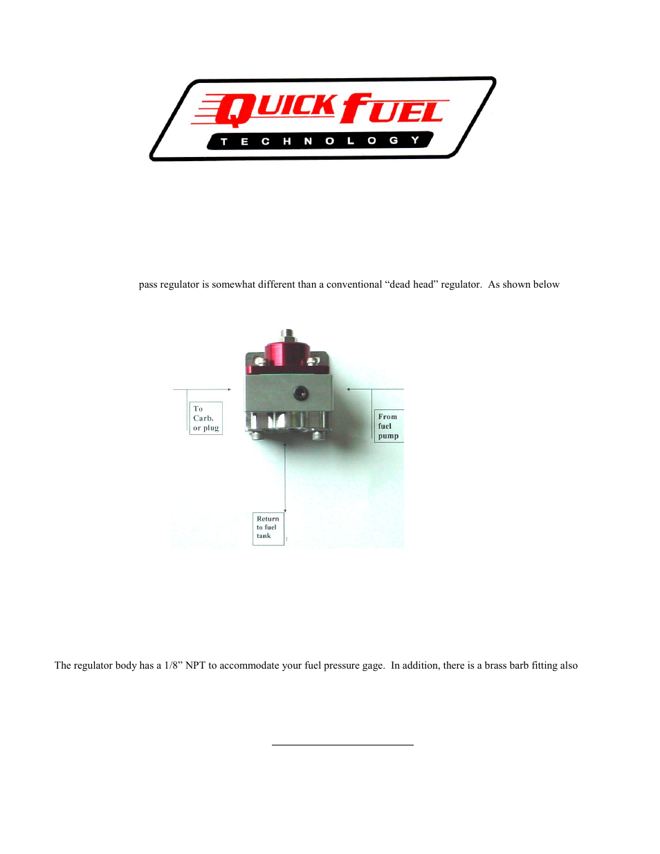 Quick Fuel Technology 30-1900 By-Pass Regulator User Manual | 1 page