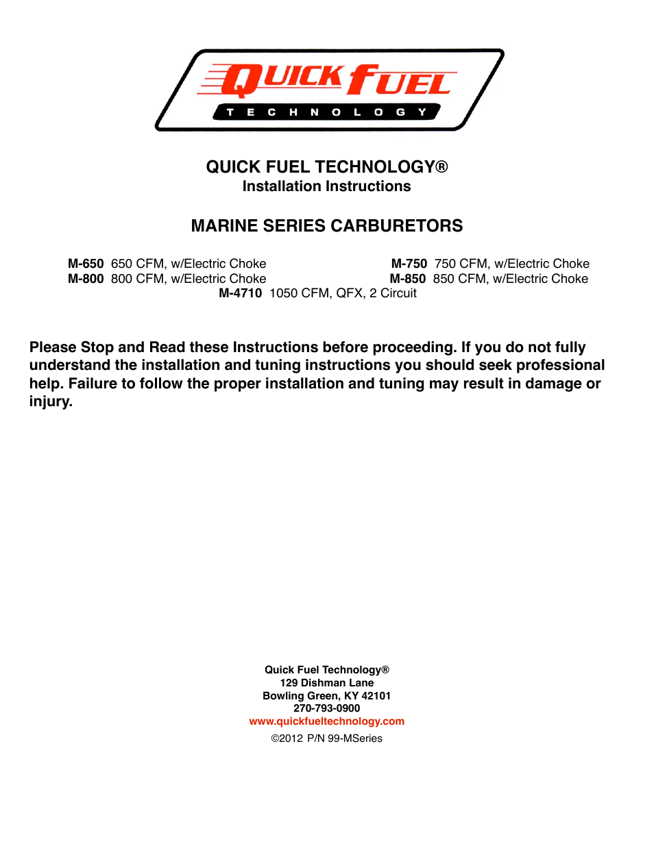 Quick Fuel Technology MARINE SERIES CARBURETORS User Manual | 4 pages