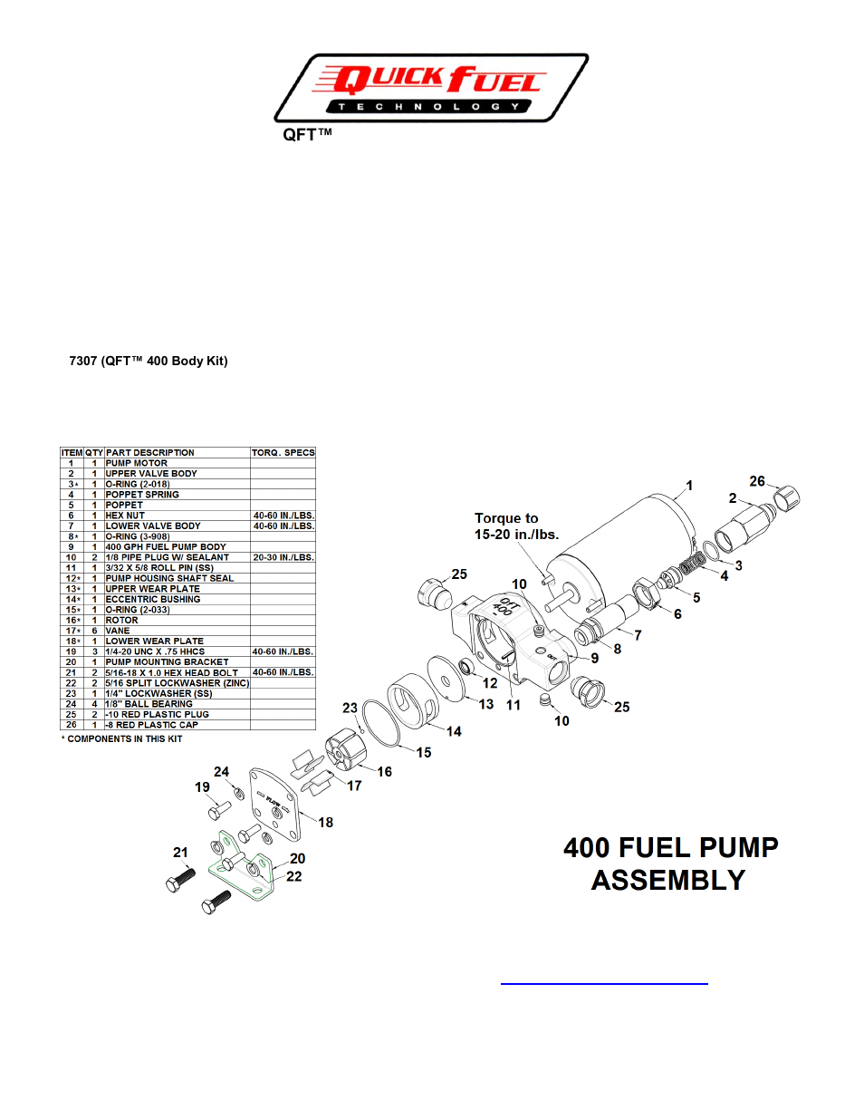 Quick Fuel Technology 30-7302 400 FUEL PUMP REBUILD KIT User Manual | 1 page