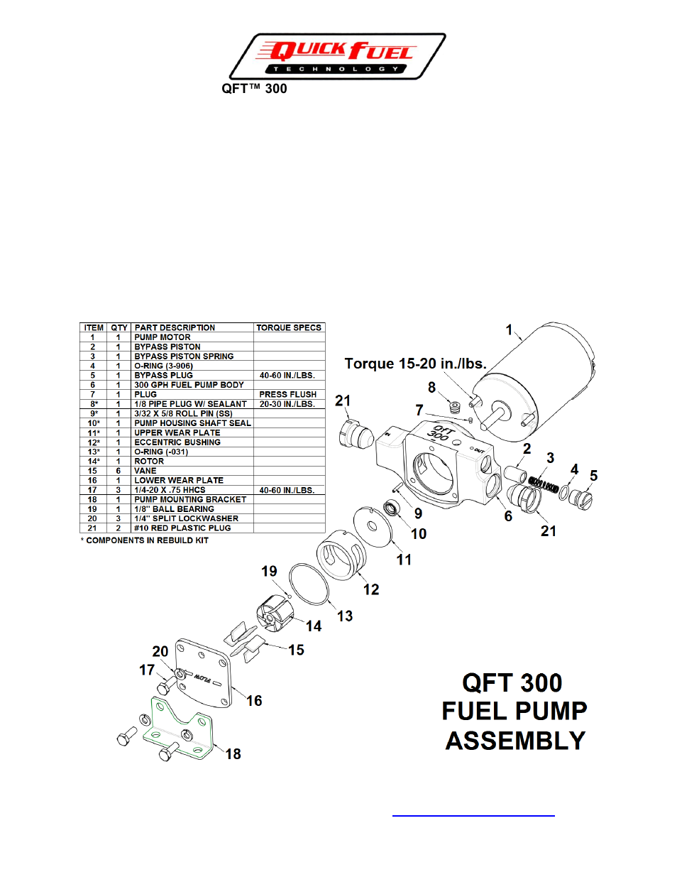 Quick Fuel Technology 30-7301 300 FUEL PUMP REBUILD KIT User Manual | 1 page