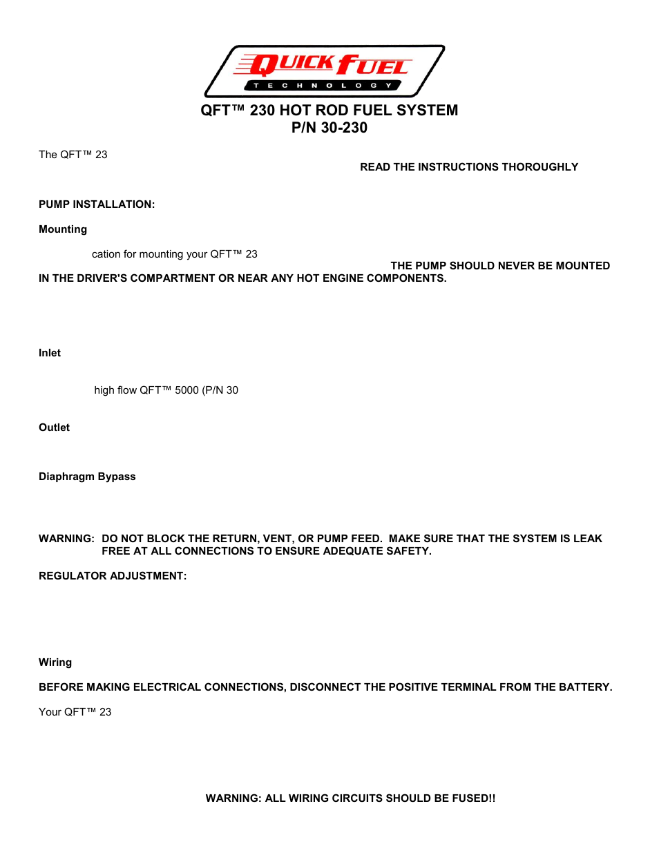 Quick Fuel Technology 30-230 230 HOT ROD FUEL SYSTEM User Manual | 2 pages