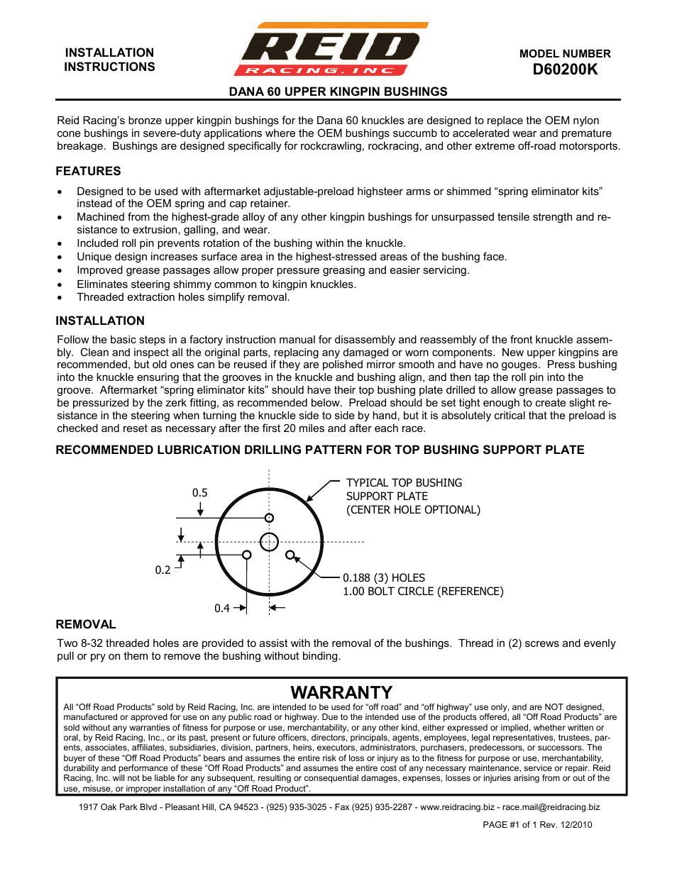 Reid Racing DANA 60 D60200K User Manual | 1 page