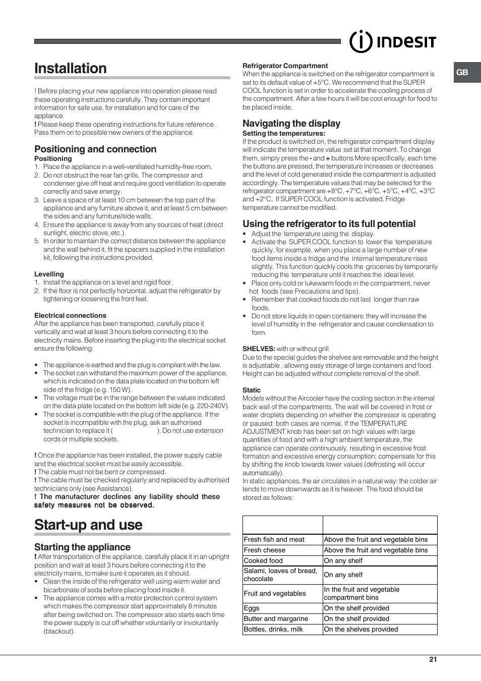 Installation, Start-up and use, Positioning and connection | Starting the appliance, Navigating the display, Using the refrigerator to its full potential | Indesit BIAAA 23 V X Y User Manual | Page 21 / 60