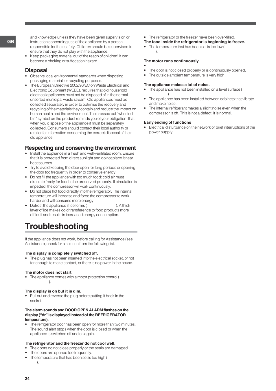 Troubleshooting, Disposal, Respecting and conserving the environment | Indesit BIAAA 23 V X Y User Manual | Page 24 / 60