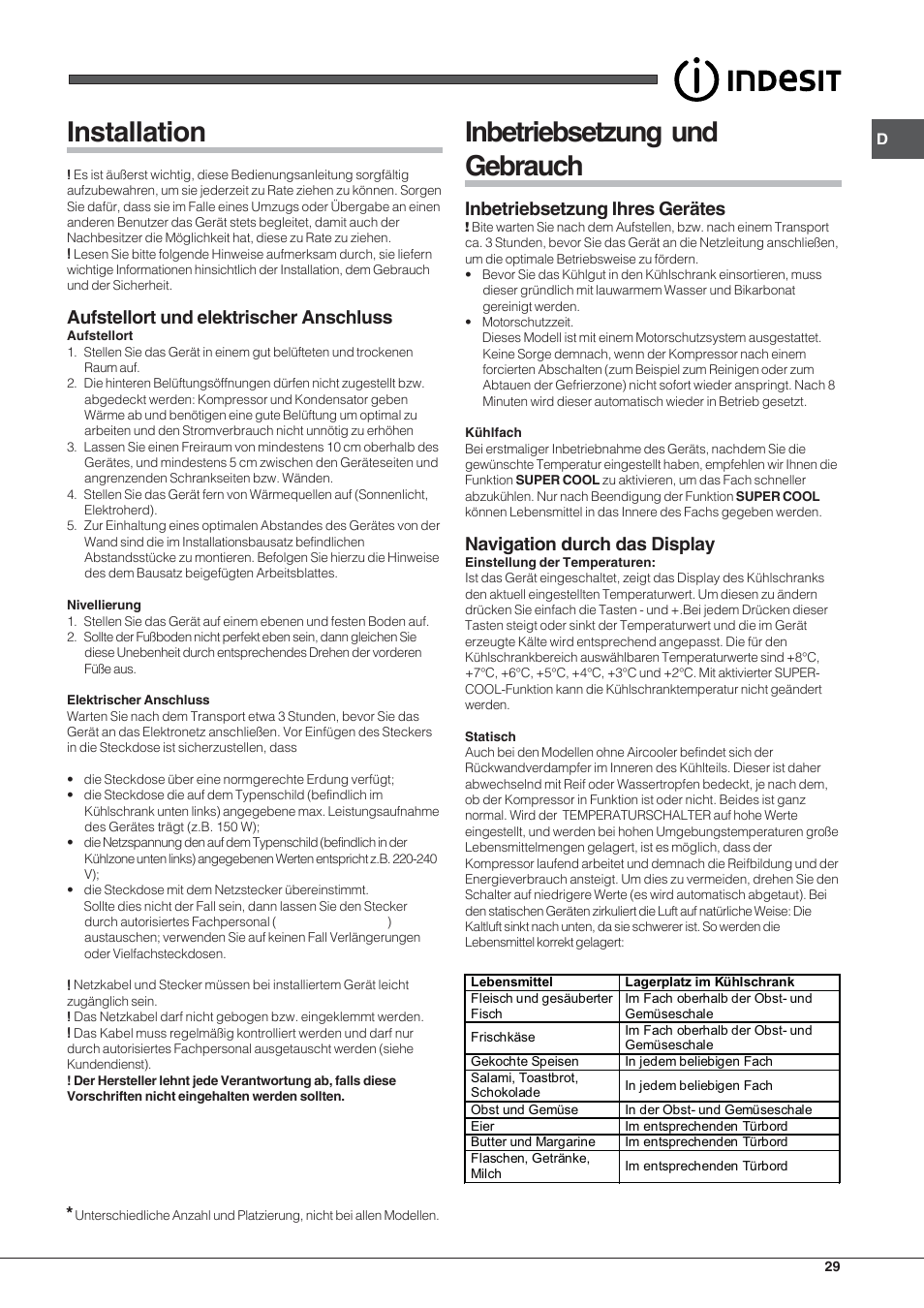 Installation, Inbetriebsetzung und gebrauch, Aufstellort und elektrischer anschluss | Inbetriebsetzung ihres gerätes, Navigation durch das display | Indesit BIAAA 23 V X Y User Manual | Page 29 / 60