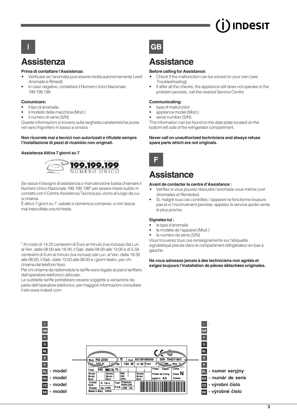 Assistenza, Assistance | Indesit BIAAA 23 V X Y User Manual | Page 3 / 60