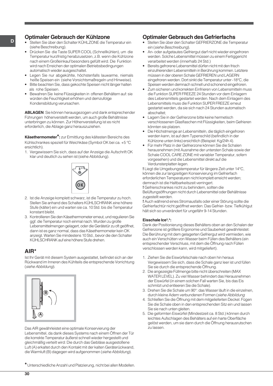 Optimaler gebrauch der kühlzone, Optimaler gebrauch des gefrierfachs | Indesit BIAAA 23 V X Y User Manual | Page 30 / 60