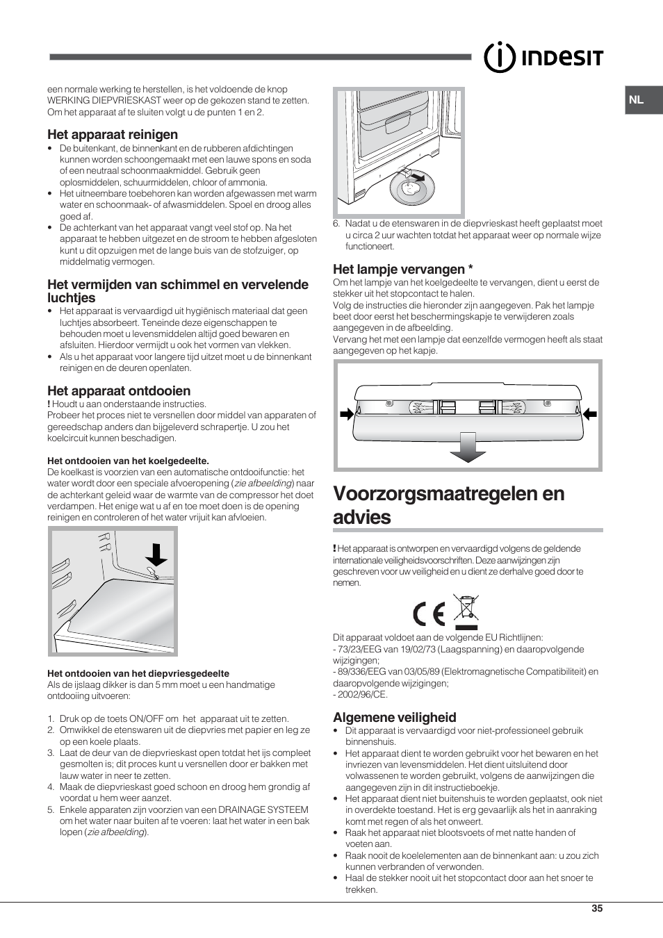 Voorzorgsmaatregelen en advies, Het apparaat reinigen, Het vermijden van schimmel en vervelende luchtjes | Het apparaat ontdooien, Het lampje vervangen, Algemene veiligheid | Indesit BIAAA 23 V X Y User Manual | Page 35 / 60