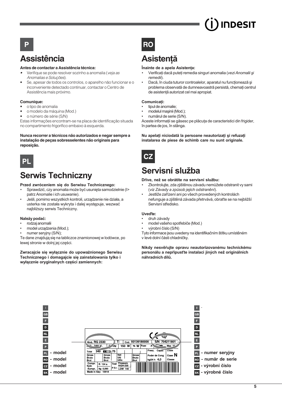 Assistência | Indesit BIAAA 23 V X Y User Manual | Page 5 / 60