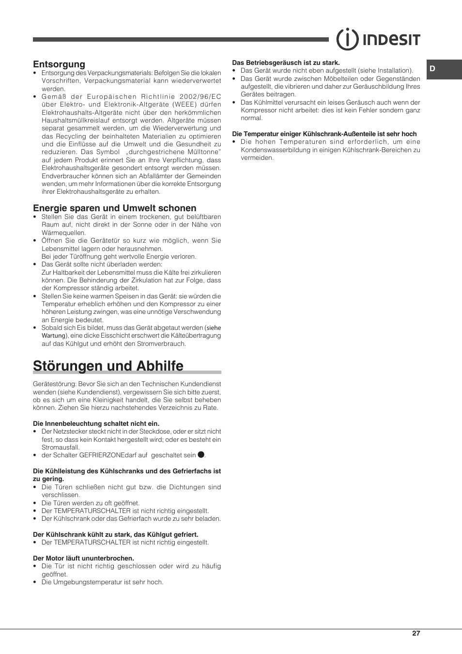 Störungen und abhilfe, Entsorgung, Energie sparen und umwelt schonen | Indesit BIAxxxx User Manual | Page 27 / 48