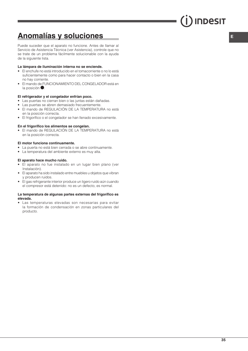 Anomalías y soluciones | Indesit BIAxxxx User Manual | Page 35 / 48