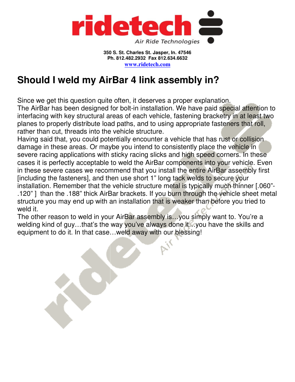 Should i weld my airbar 4 link assembly in | Ridetech 13027199 User Manual | Page 8 / 8