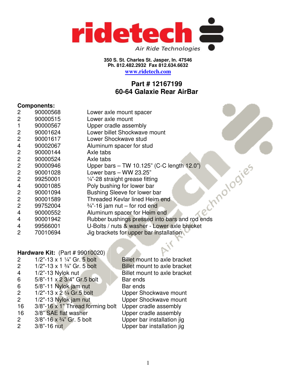 Ridetech 12167199 User Manual | 6 pages