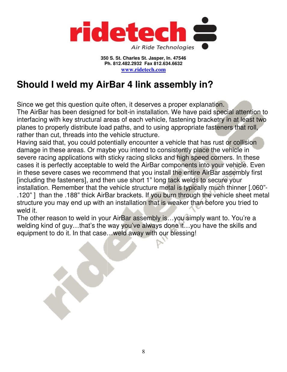 Should i weld my airbar 4 link assembly in | Ridetech 11257199 User Manual | Page 8 / 8