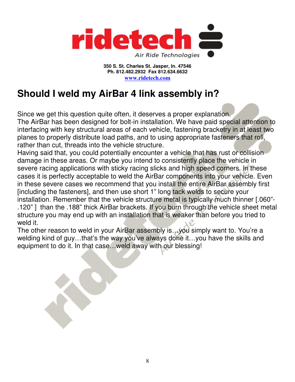 Should i weld my airbar 4 link assembly in | Ridetech 11177199 User Manual | Page 8 / 8