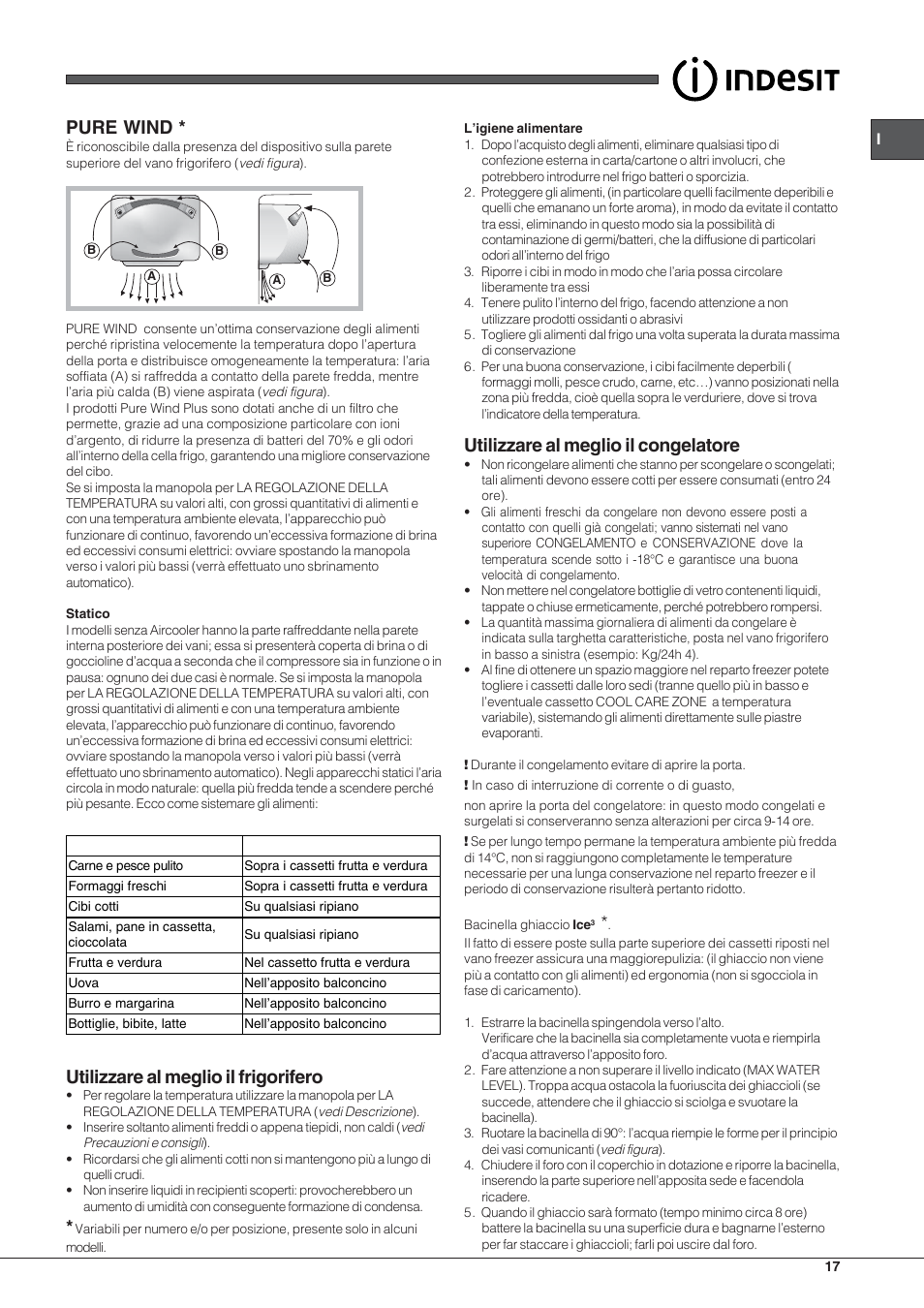Pure wind, Utilizzare al meglio il frigorifero, Utilizzare al meglio il congelatore | Indesit BIAA 1x xx xx User Manual | Page 17 / 72